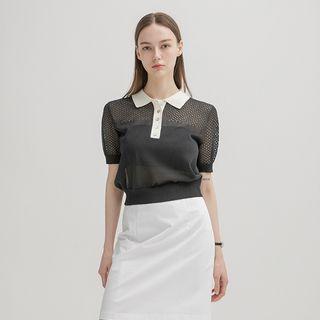 Contrast-collar Perforated Knit Top