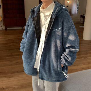 Letter Embroidered Fluffy Zip Hoodie