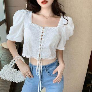 Short-sleeve Square-neck Lace-up Eyelet Lace Crop Top White - One Size