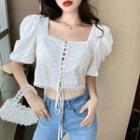Short-sleeve Square-neck Lace-up Eyelet Lace Crop Top White - One Size