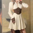 Long Sleeve V-neck Paneled A-line Dress
