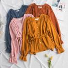 Bell-sleeve V-neck Chiffon Buttoned Top