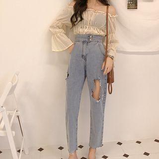 Ripped High-waist Wide Leg Harem Denim Jeans
