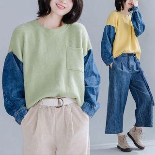 Denim Panel Knit Sweater