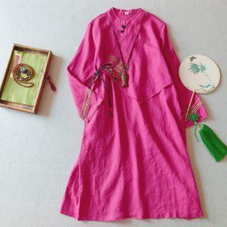 Embroidered Frog-button Midi A-line Dress