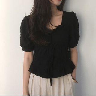 Puff-sleeve Shirred Drawstring Blouse