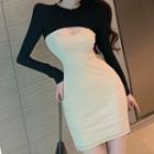 Long-sleeve Two-tone Cut-out Sheath Dress