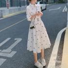 Puff-sleeve Flower Embroidered Collared Midi A-line Dress