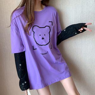 Mock Two-piece Bar Print Long-sleeve T-shirt