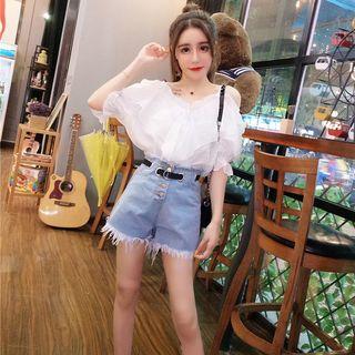 Set: Ruffle Cold Shoulder Blouse + Fringed Trim High-waist Denim Shorts