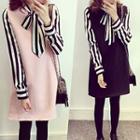 Long-sleeve Striped Panel Tie Neck Dress