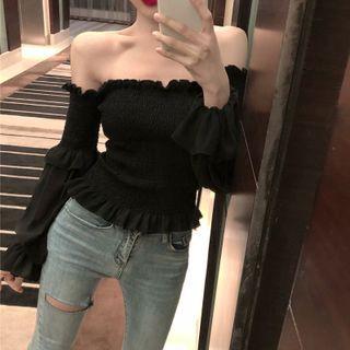 Plain Off-shoulder Blouse Black - One Size