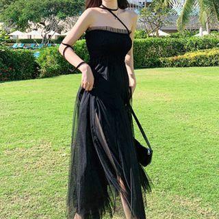 Strapless Side-slit Mesh Panel Midi A-line Dress