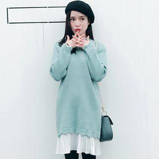 Pleated Chiffon Mock Neck Knit Dress