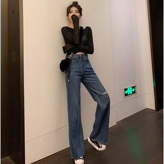 Cutout Wide-leg Jeans / Loose-fit Sheer Top