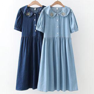 Puff-sleeve Peter Pan Collar Flower Embroidered Denim Dress