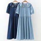 Puff-sleeve Peter Pan Collar Flower Embroidered Denim Dress