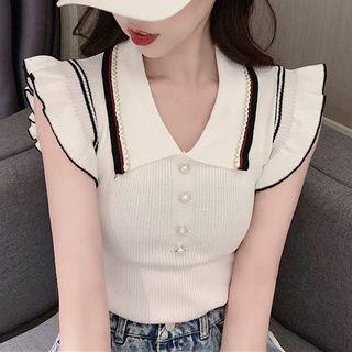 Polo-neck Ruffled Sleeveless Knit Top