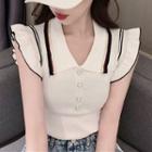 Polo-neck Ruffled Sleeveless Knit Top