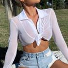 Long-sleeve Tie-front Mesh Top