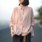 Plain Long-sleeve Shirt Light Pink - One Size