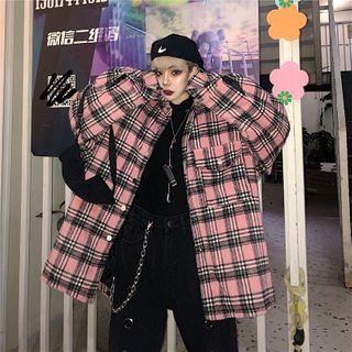 Long-sleeved Plaid Shirt Plaid - Pink - One Size