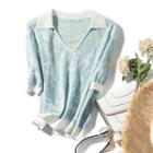 Short-sleeve V-neck Floral Knit Polo Shirt