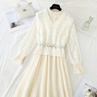 Set: Long-sleeve Lace Midi A-line Dress + Pointelle Knit Sweater Vest