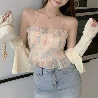 Lace Trim Floral Camisole Top / Plain Long-sleeve Cardigan
