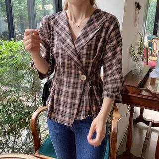 Shawl-collar Plaid Wrap Blouse