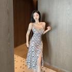 Spaghetti Strap Printed Slit A-line Dress