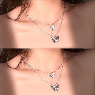 Butterfly Layered Necklace Silver - One Size