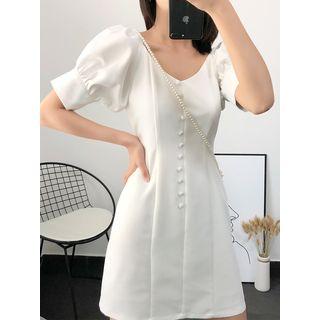 Button-detail Puff-sleeve Dress