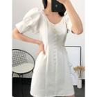 Button-detail Puff-sleeve Dress