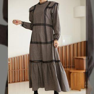 Lace-trim Frilled-hem Maxi Checked Dress