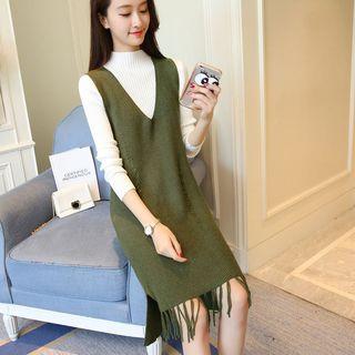 Set: Plain Mock Neck Long Sleeve Knit Top + Fringed Knit Tank Dress