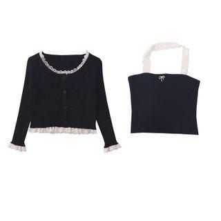 Set: Lace Trim Cardigan + Halter-neck Crop Top