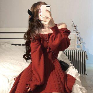 Puff-sleeve Knit Mini A-line Dress Red - One Size