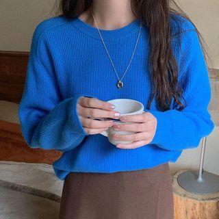 Round-neck Knit Top Blue - One Size