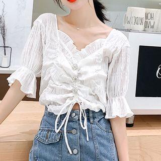Drawstring Flared-sleeve Blouse