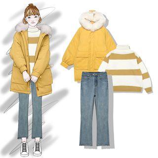 Striped Sweater / Furry Trim Hooded Padded Coat / Straight-cut Jeans