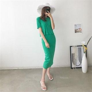 Set: Textured Chiffon Top + Midi Straight Skirt