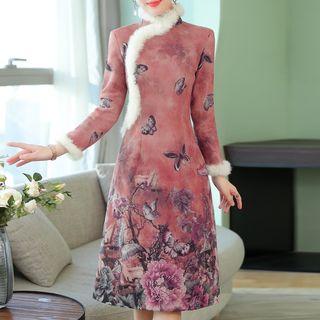 Long-sleeve Furry-trim Midi Print Dress