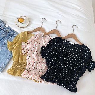 Picture Printed Ruffled-trim Lace-up Short-sleeve Top