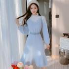 High-neck Plain Lace Panel Knit Dress