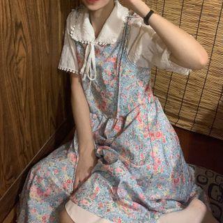Spaghetti Strap Floral Midi A-line Dress / Tie-neck Blouse