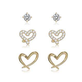 Sterling Silver Plated Gold Simple And Romantic Hollow Heart Cubic Zircon Three-piece Stud Earrings Golden - One Size