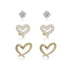 Sterling Silver Plated Gold Simple And Romantic Hollow Heart Cubic Zircon Three-piece Stud Earrings Golden - One Size
