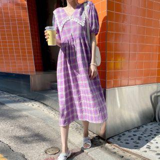 Lace-collar Puff-sleeve Plaid Dress
