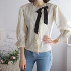 Bow-detail Pintuck-trim Blouse Beige - One Size